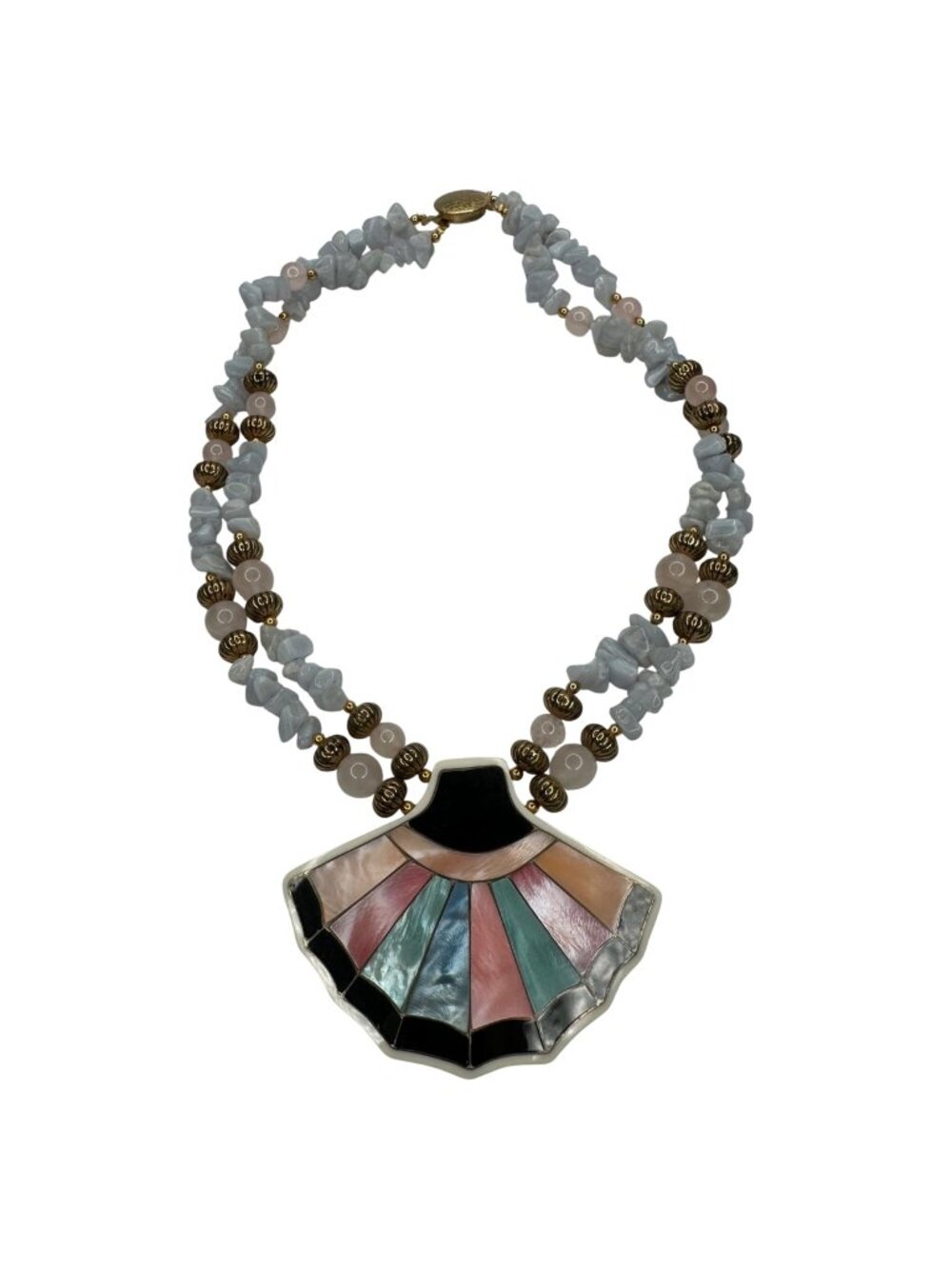 Lee Sands Vintage Shell Inlay Fan Pendant Beaded Statement Necklace Tropical